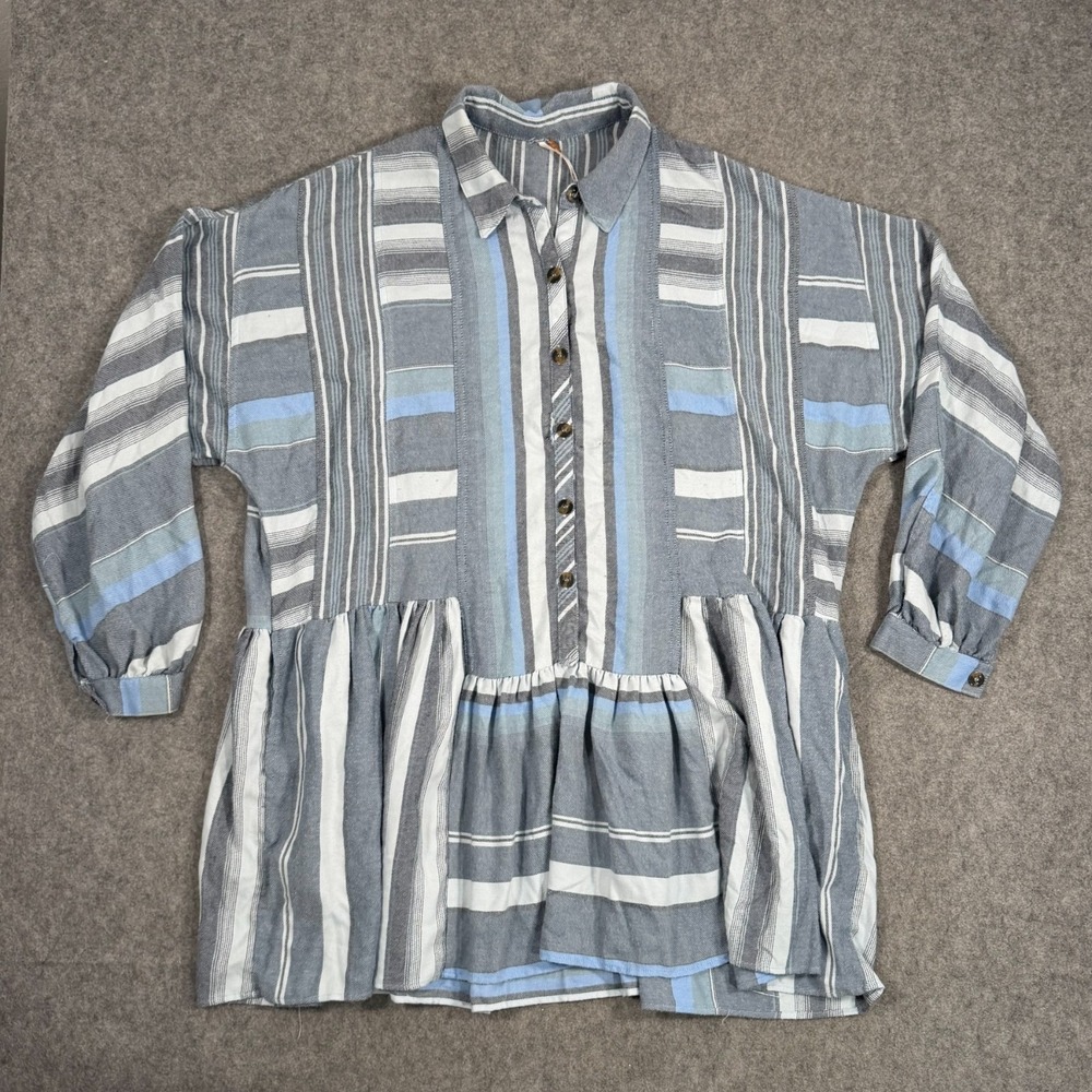 Free People Blue Striped Brushed Flannel‎ Sunset Shirt Dress Women's Size Medium
